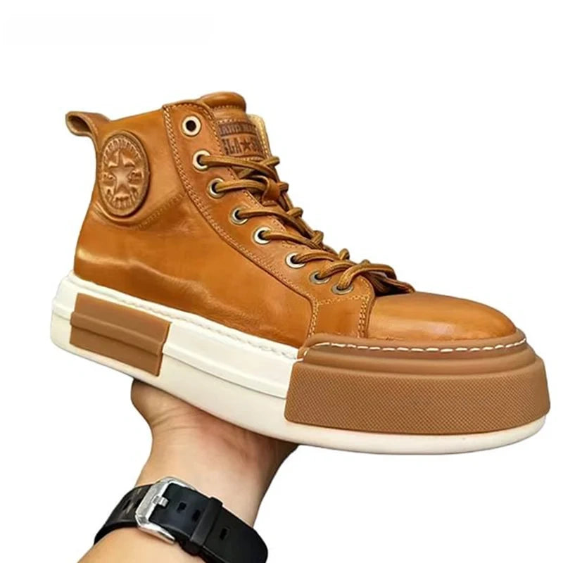 Calveto Handmade Retro Horsehide Mid-top Skate Shoes