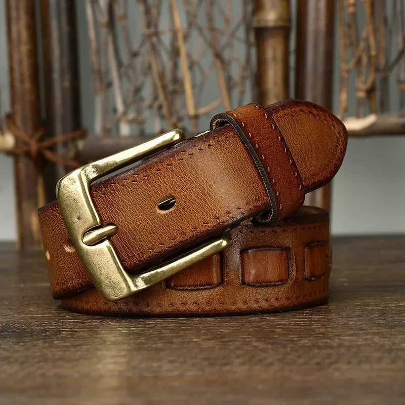 New Arrival: Vintage Trendy Versatile Copper Buckle Men's Belt - Full Grain Leather Braided Casual Jeans Waist Strap