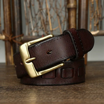 New Arrival: Vintage Trendy Versatile Copper Buckle Men's Belt - Full Grain Leather Braided Casual Jeans Waist Strap