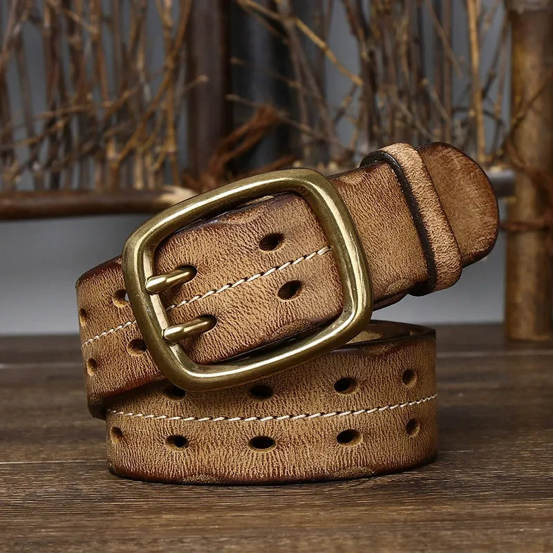 New Arrival: Vintage Distressed Dual Pin Buckle Men's Leather Belt - 100% Full Grain Cowhide Casual Jeans Belt