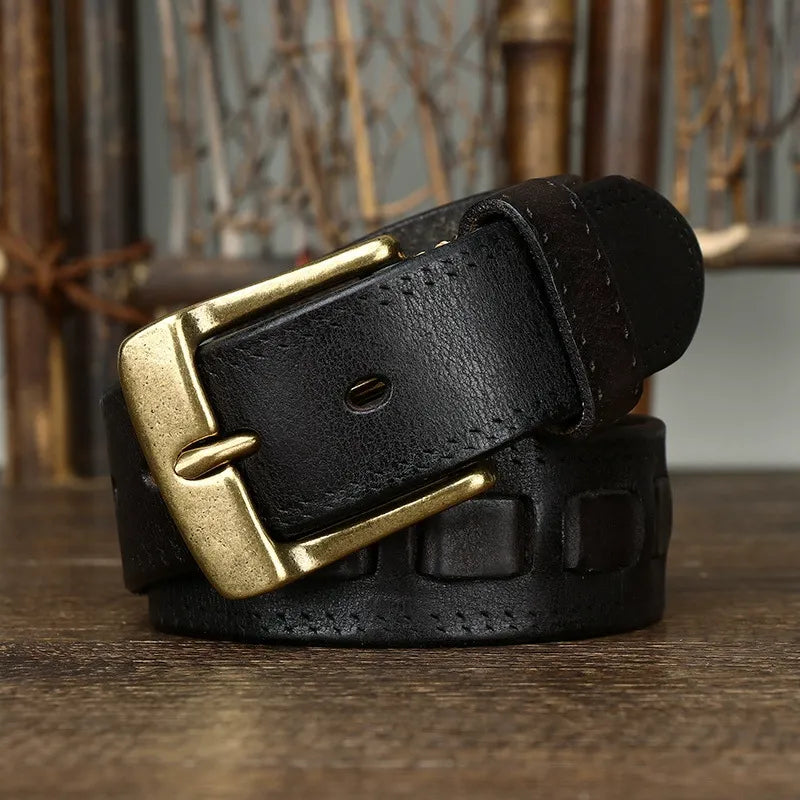 New Arrival: Vintage Trendy Versatile Copper Buckle Men's Belt - Full Grain Leather Braided Casual Jeans Waist Strap