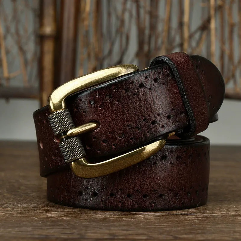 New Arrival: Vintage Dual Pin Buckle Men's Belt - Washed Vegetable-Tanned Full Grain Leather Youth Trend Waist Strap