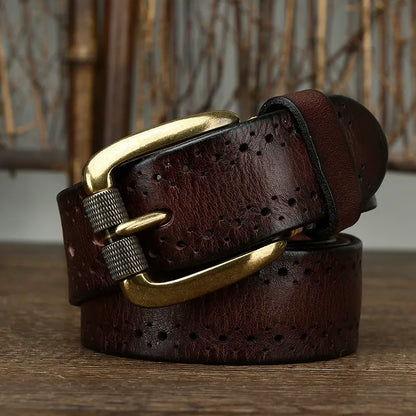 New Arrival: Vintage Dual Pin Buckle Men's Belt - Washed Vegetable-Tanned Full Grain Leather Youth Trend Waist Strap