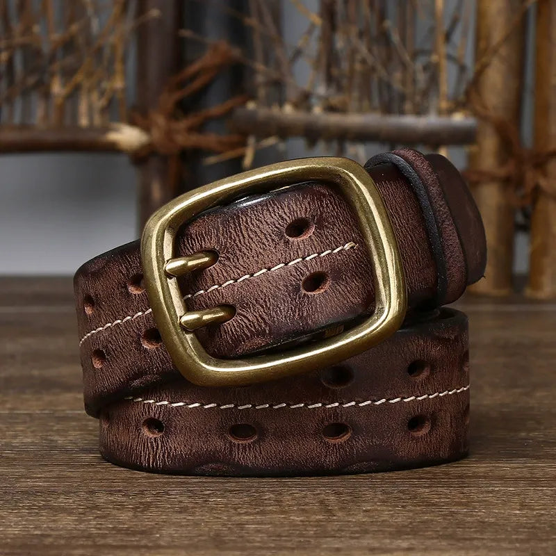 New Arrival: Vintage Distressed Dual Pin Buckle Men's Leather Belt - 100% Full Grain Cowhide Casual Jeans Belt
