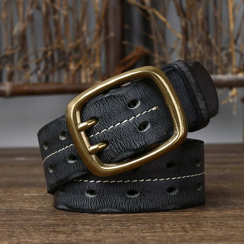 New Arrival: Vintage Distressed Dual Pin Buckle Men's Leather Belt - 100% Full Grain Cowhide Casual Jeans Belt