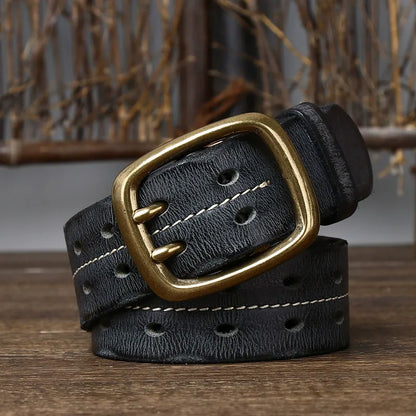 New Arrival: Vintage Distressed Dual Pin Buckle Men's Leather Belt - 100% Full Grain Cowhide Casual Jeans Belt