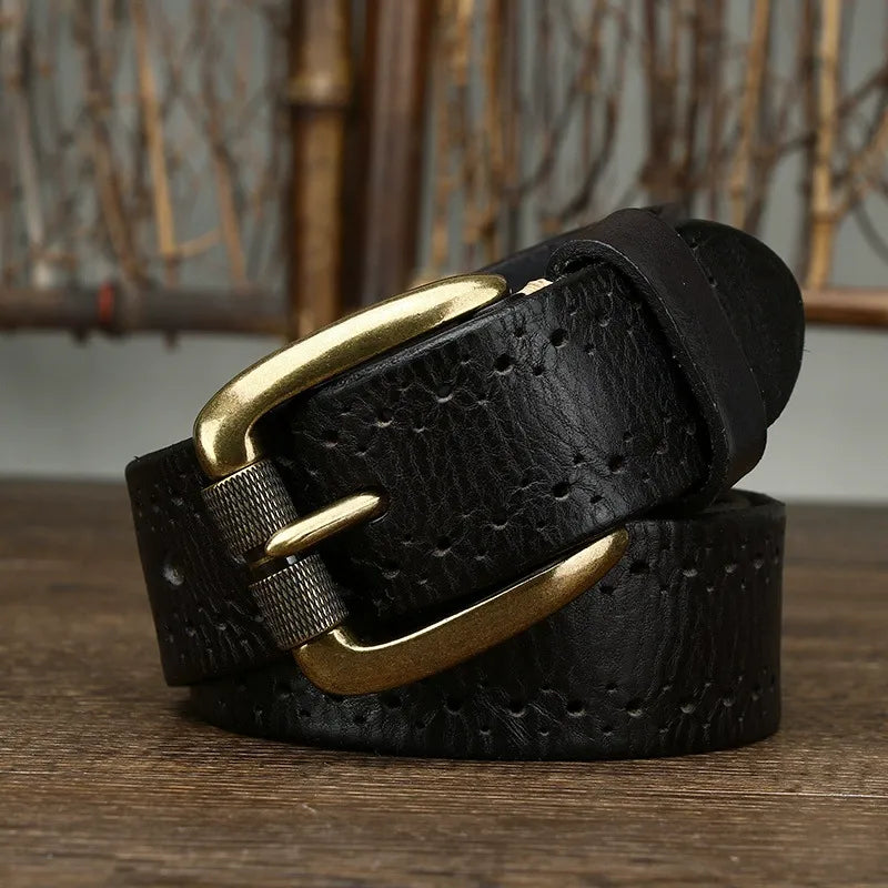 New Arrival: Vintage Dual Pin Buckle Men's Belt - Washed Vegetable-Tanned Full Grain Leather Youth Trend Waist Strap