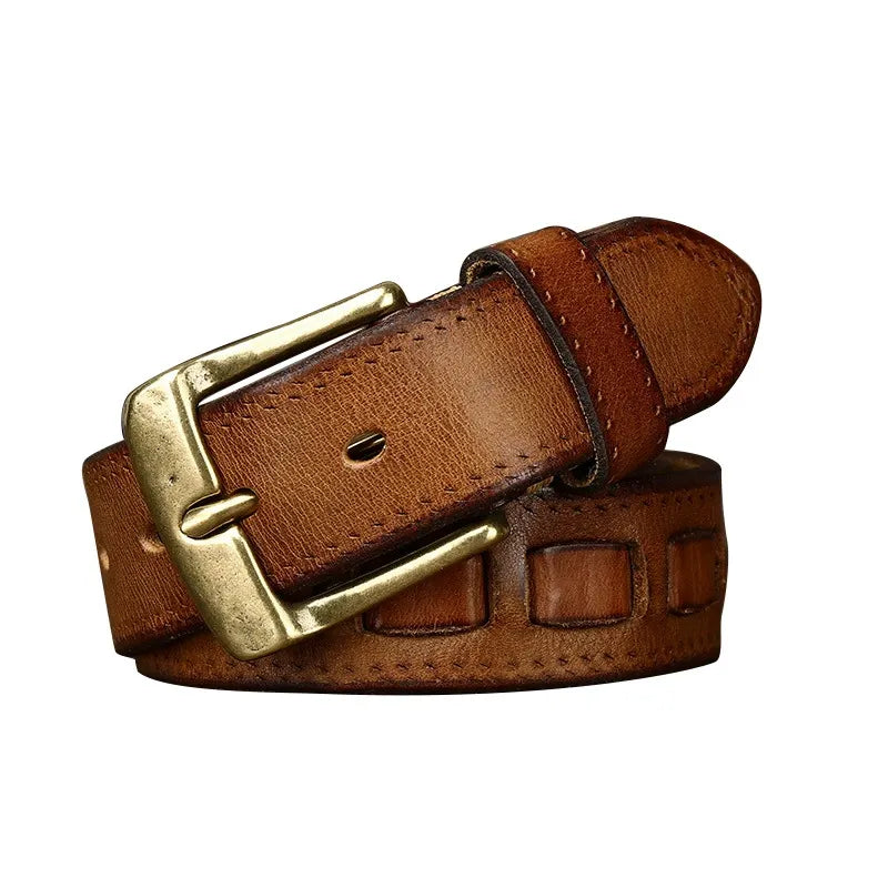 New Arrival: Vintage Trendy Versatile Copper Buckle Men's Belt - Full Grain Leather Braided Casual Jeans Waist Strap