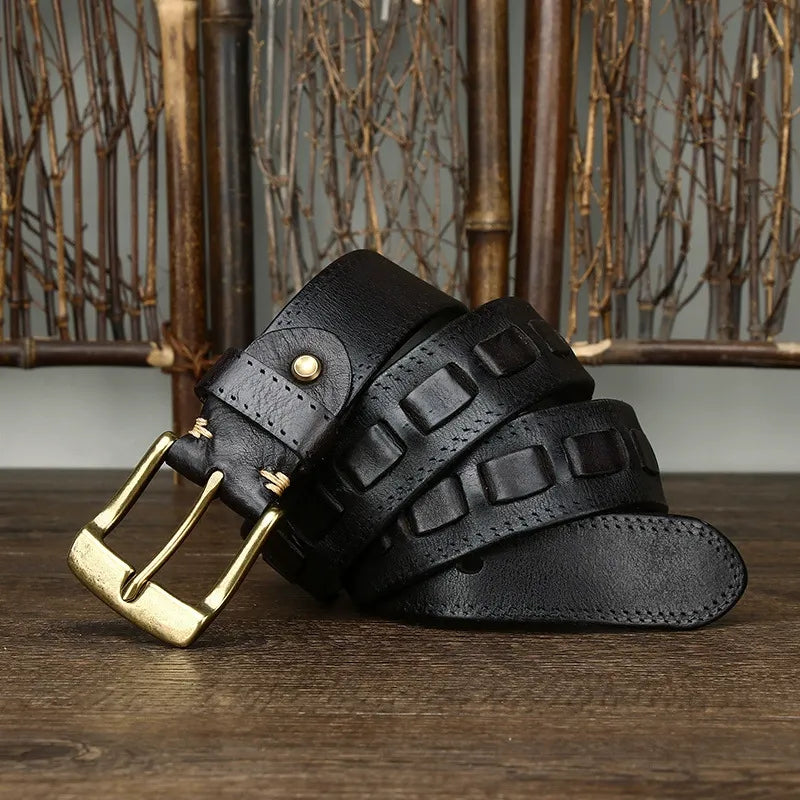 New Arrival: Vintage Trendy Versatile Copper Buckle Men's Belt - Full Grain Leather Braided Casual Jeans Waist Strap