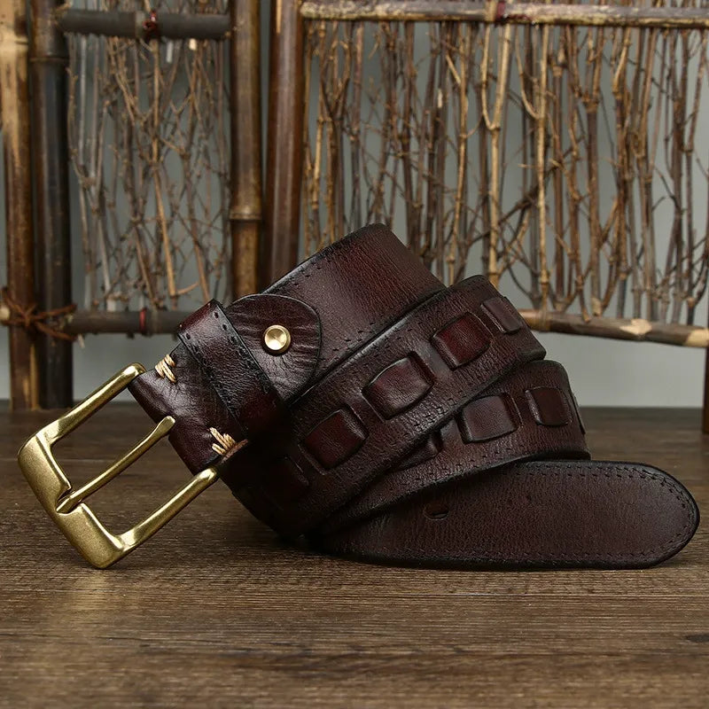New Arrival: Vintage Trendy Versatile Copper Buckle Men's Belt - Full Grain Leather Braided Casual Jeans Waist Strap
