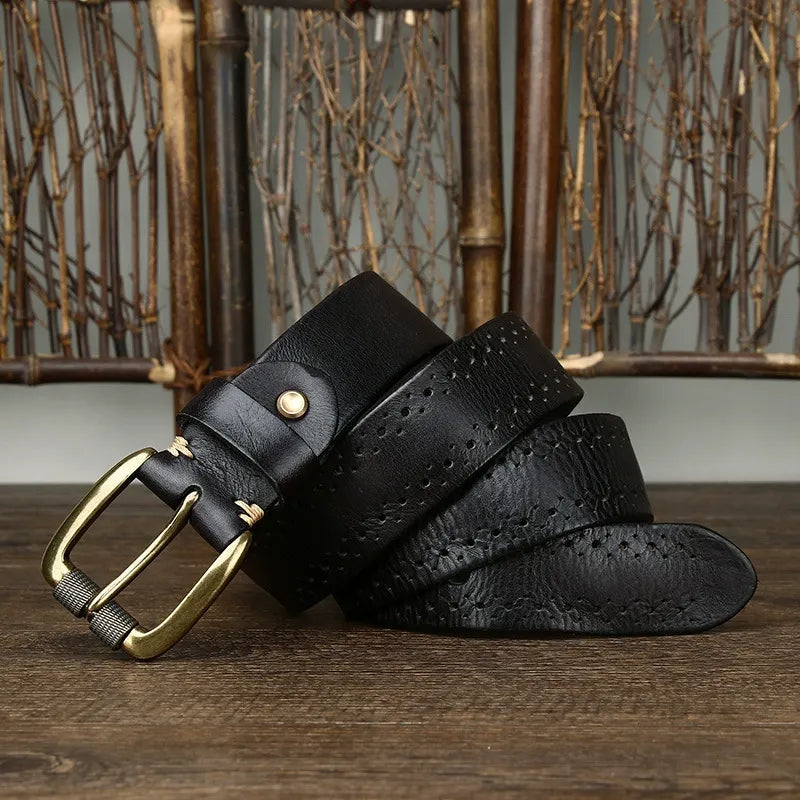 New Arrival: Vintage Dual Pin Buckle Men's Belt - Washed Vegetable-Tanned Full Grain Leather Youth Trend Waist Strap