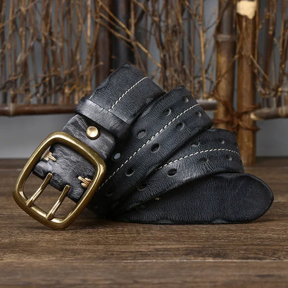 New Arrival: Vintage Distressed Dual Pin Buckle Men's Leather Belt - 100% Full Grain Cowhide Casual Jeans Belt