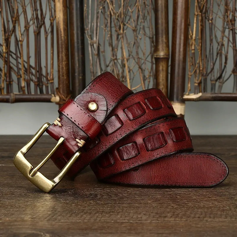 New Arrival: Vintage Trendy Versatile Copper Buckle Men's Belt - Full Grain Leather Braided Casual Jeans Waist Strap