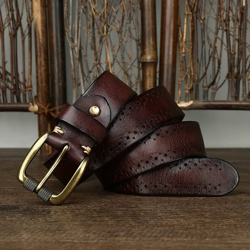 New Arrival: Vintage Dual Pin Buckle Men's Belt - Washed Vegetable-Tanned Full Grain Leather Youth Trend Waist Strap