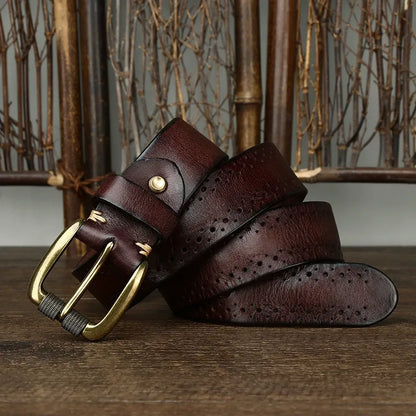 New Arrival: Vintage Dual Pin Buckle Men's Belt - Washed Vegetable-Tanned Full Grain Leather Youth Trend Waist Strap