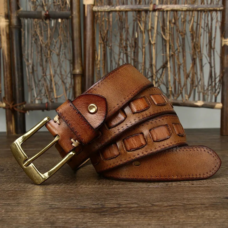 New Arrival: Vintage Trendy Versatile Copper Buckle Men's Belt - Full Grain Leather Braided Casual Jeans Waist Strap