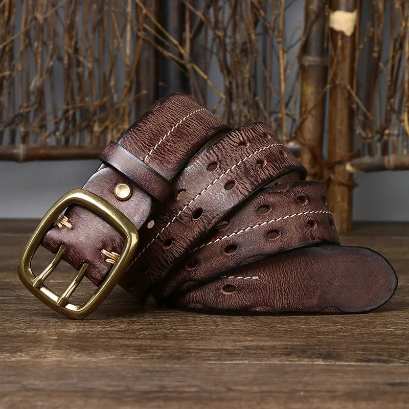 New Arrival: Vintage Distressed Dual Pin Buckle Men's Leather Belt - 100% Full Grain Cowhide Casual Jeans Belt