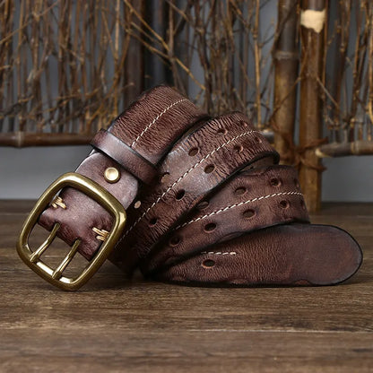 New Arrival: Vintage Distressed Dual Pin Buckle Men's Leather Belt - 100% Full Grain Cowhide Casual Jeans Belt