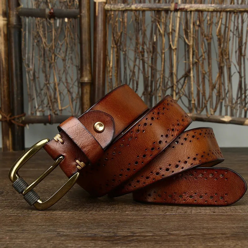 New Arrival: Vintage Dual Pin Buckle Men's Belt - Washed Vegetable-Tanned Full Grain Leather Youth Trend Waist Strap