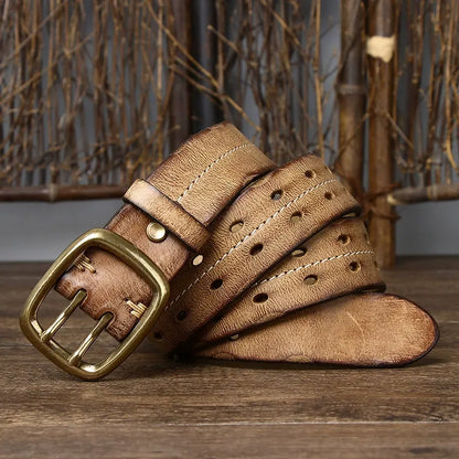 New Arrival: Vintage Distressed Dual Pin Buckle Men's Leather Belt - 100% Full Grain Cowhide Casual Jeans Belt