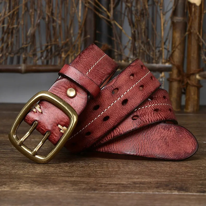 New Arrival: Vintage Distressed Dual Pin Buckle Men's Leather Belt - 100% Full Grain Cowhide Casual Jeans Belt