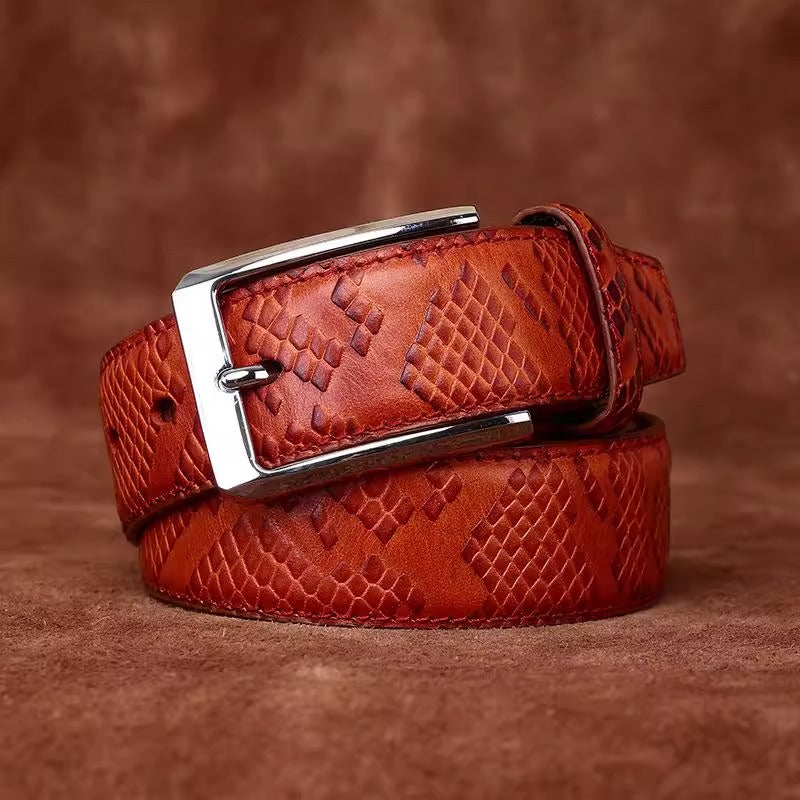 Men's Italian Vegetable Tanned Full Grain Cowhide Dress Belt - Snake-Embossed Textured Business Formal Vintage