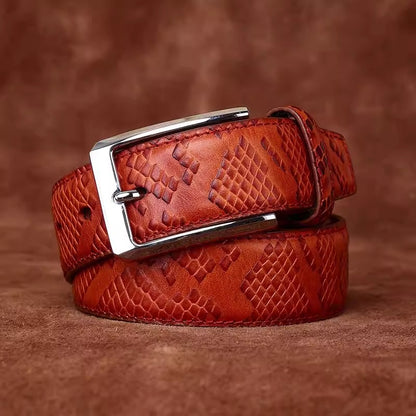 Men's Italian Vegetable Tanned Full Grain Cowhide Dress Belt - Snake-Embossed Textured Business Formal Vintage