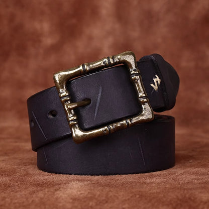 Artisan Distressed Leather Belt - Handcrafted Full Grain Cowhide Vintage Pin Buckle with Solid Brass for Heritage Workwear