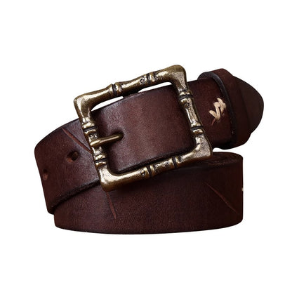 Artisan Distressed Leather Belt - Handcrafted Full Grain Cowhide Vintage Pin Buckle with Solid Brass for Heritage Workwear