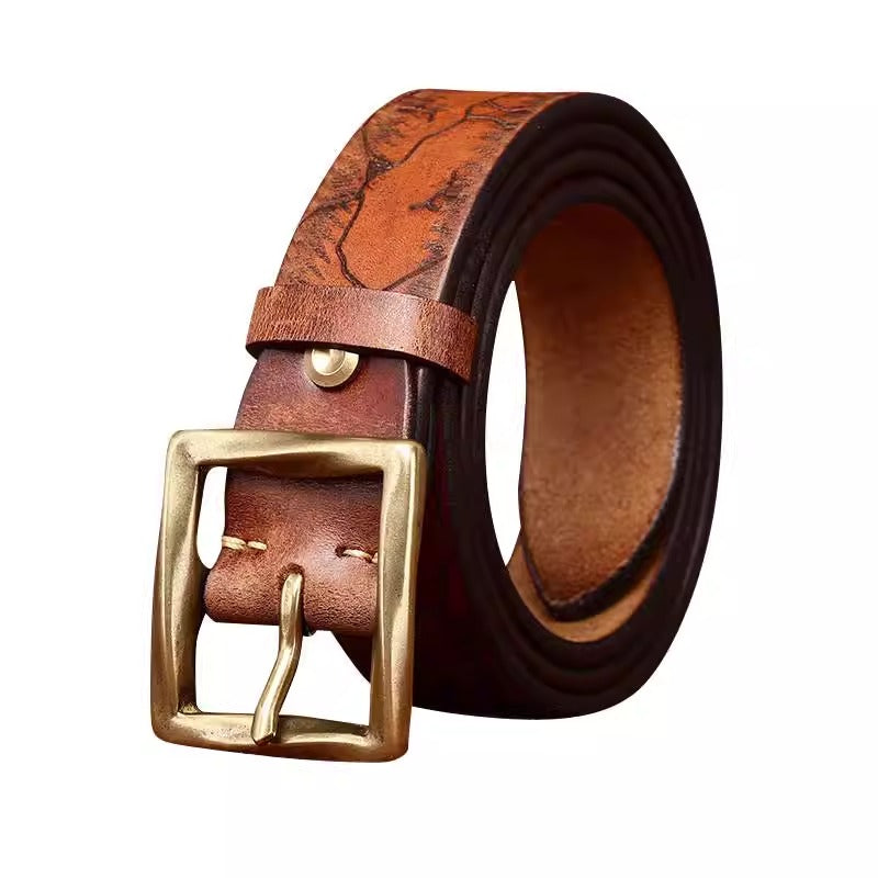 Men's Vintage Versatile Full Grain Cowhide Belt - Solid Brass Pin Buckle Casual Trendy Jeans Strap