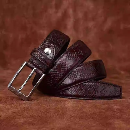 Men's Italian Vegetable Tanned Full Grain Cowhide Dress Belt - Snake-Embossed Textured Business Formal Vintage