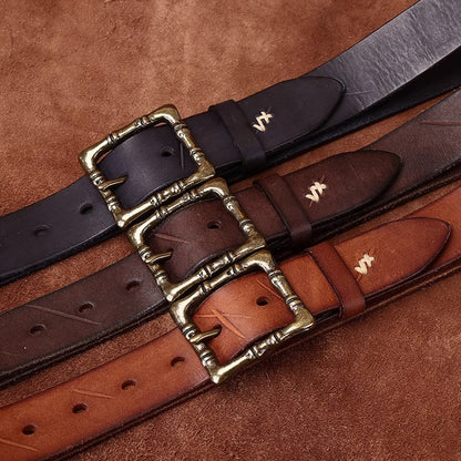 Artisan Distressed Leather Belt - Handcrafted Full Grain Cowhide Vintage Pin Buckle with Solid Brass for Heritage Workwear