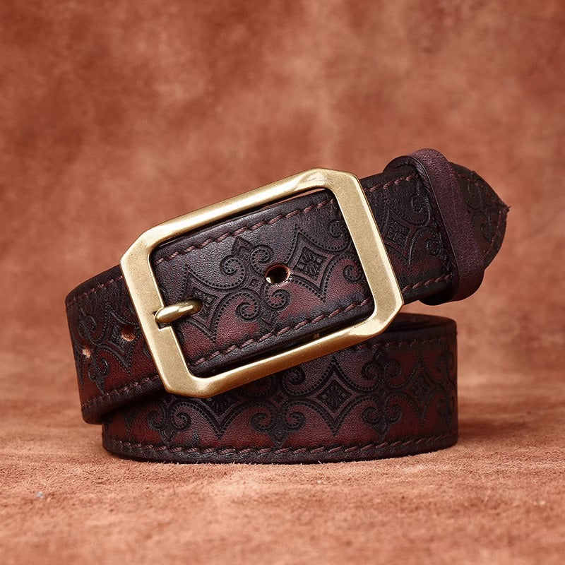 Men's Thickened Full Grain Cowhide Belt - American Vintage Handcrafted Leather with Solid Brass Buckle