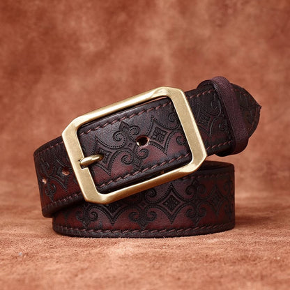 Men's Thickened Full Grain Cowhide Belt - American Vintage Handcrafted Leather with Solid Brass Buckle