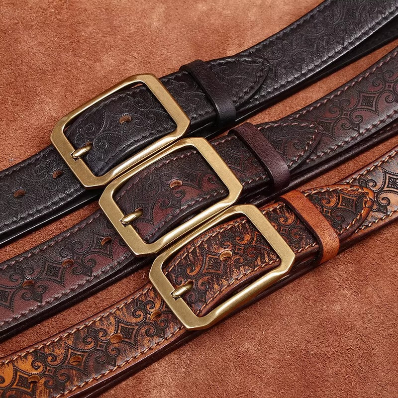 Men's Thickened Full Grain Cowhide Belt - American Vintage Handcrafted Leather with Solid Brass Buckle