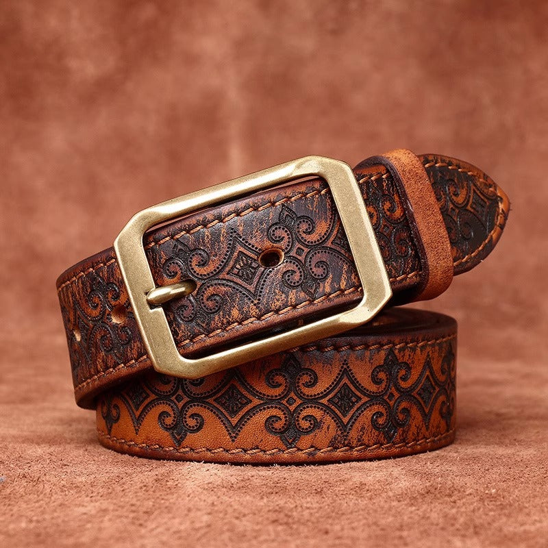 Men's Thickened Full Grain Cowhide Belt - American Vintage Handcrafted Leather with Solid Brass Buckle