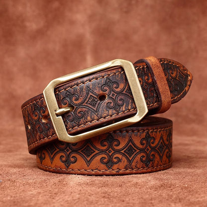 Men's Thickened Full Grain Cowhide Belt - American Vintage Handcrafted Leather with Solid Brass Buckle