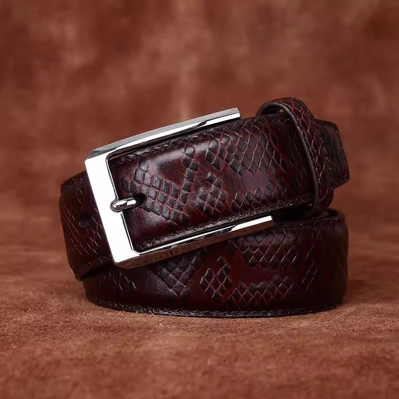 Men's Italian Vegetable Tanned Full Grain Cowhide Dress Belt - Snake-Embossed Textured Business Formal Vintage