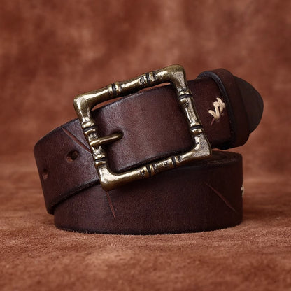 Artisan Distressed Leather Belt - Handcrafted Full Grain Cowhide Vintage Pin Buckle with Solid Brass for Heritage Workwear