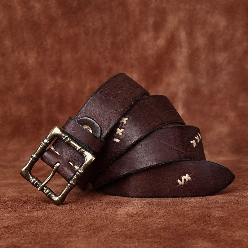 Artisan Distressed Leather Belt - Handcrafted Full Grain Cowhide Vintage Pin Buckle with Solid Brass for Heritage Workwear