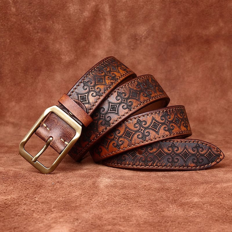 Men's Thickened Full Grain Cowhide Belt - American Vintage Handcrafted Leather with Solid Brass Buckle