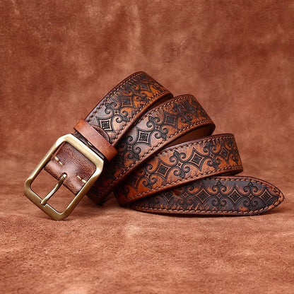 Men's Thickened Full Grain Cowhide Belt - American Vintage Handcrafted Leather with Solid Brass Buckle
