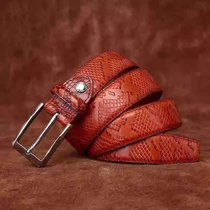 Men's Italian Vegetable Tanned Full Grain Cowhide Dress Belt - Snake-Embossed Textured Business Formal Vintage