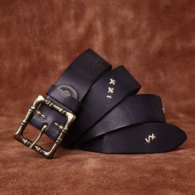Artisan Distressed Leather Belt - Handcrafted Full Grain Cowhide Vintage Pin Buckle with Solid Brass for Heritage Workwear