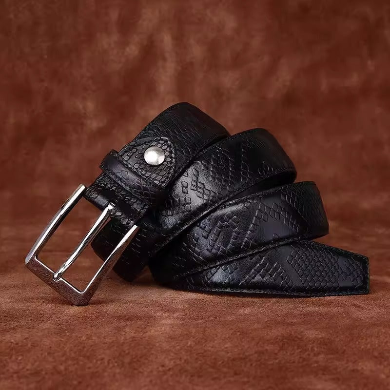 Men's Italian Vegetable Tanned Full Grain Cowhide Dress Belt - Snake-Embossed Textured Business Formal Vintage