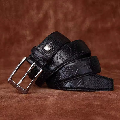 Men's Italian Vegetable Tanned Full Grain Cowhide Dress Belt - Snake-Embossed Textured Business Formal Vintage