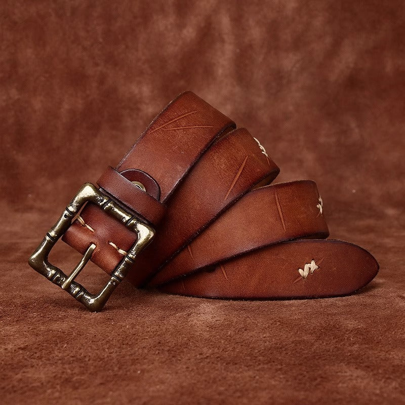 Artisan Distressed Leather Belt - Handcrafted Full Grain Cowhide Vintage Pin Buckle with Solid Brass for Heritage Workwear