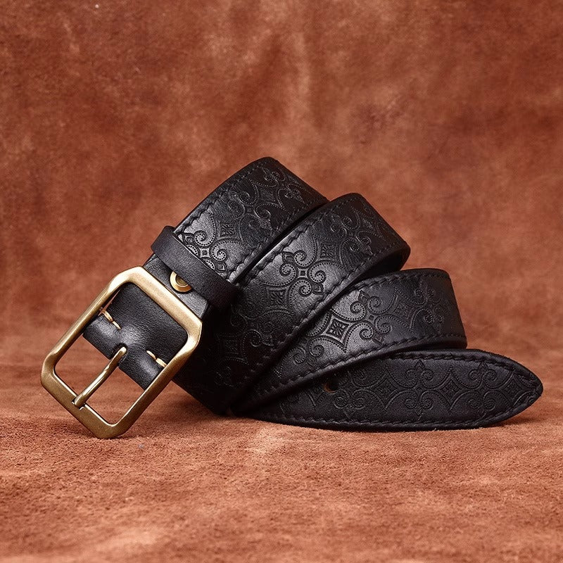 Men's Thickened Full Grain Cowhide Belt - American Vintage Handcrafted Leather with Solid Brass Buckle