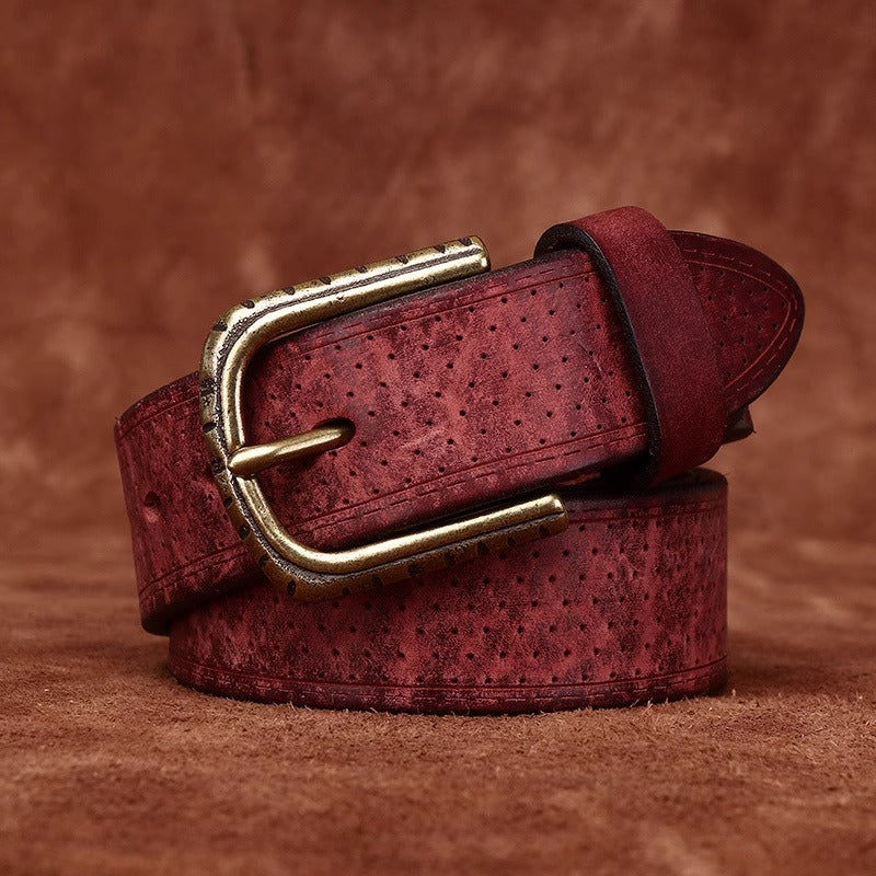 Men's Handcrafted Distressed Cowhide Leather Belt - Vintage Brass Pin Buckle for Rugged Workwear & Daily Jeans