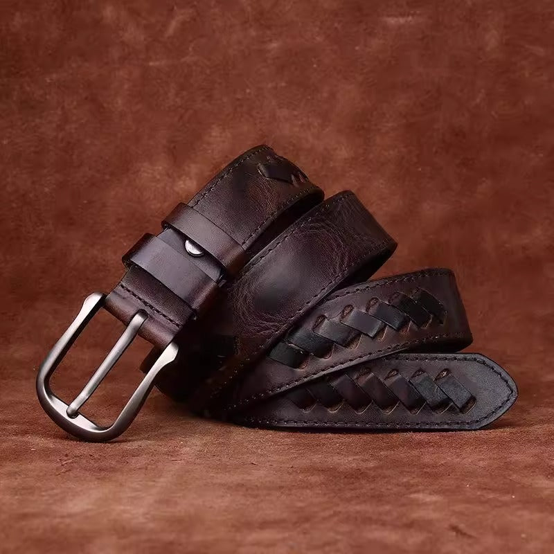 Braided Italian Vegetable Tanned Full Grain Cowhide Belt - Handwoven Aged & Distressed Leather